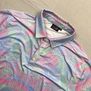 Sunday Swagger Mens Large Golf Polo Tropical Palm Print Pink Blue Performance